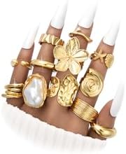 FAXHION 12 PCS Chunky Gold Rings for Women Non Tarnish Statement Flower Ring, 14K Gold Plated Stackable Open Stacking Rings, Big Knuckle Trendy Ring Set Jewelry Gift