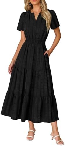 RUMIA Women Casual Midi Maxi Dresses Short Sleeve V Neck Elastic Waist Vacation Dress Pockets（S-2XL