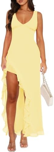 Women Sexy V Neck Sleeveless Mesh Ruffle Hem Bodycon Maxi Casual Backless High Slit Cocktail Party Dress