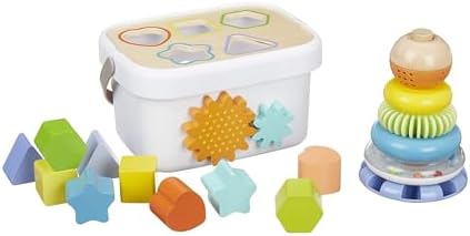 Amazon Basics Wooden Shape Sorter and Rainbow Stacker Classic Baby Toy Set-Sorting Play for Infants Age 12M+, Medium, Multicolor