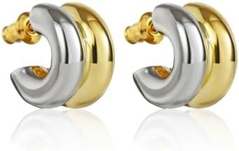 Double Hoop Earrings for Women, 14K Gold Plated Two Tone Gold & Silver Huggie Hoop Earrings, Lightweight Hypoallergenic Trendy Geometric Jewelry Gift