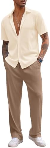 COOFANDY Men's 2 Piece Outfit Casual Short Sleeve Button Down Shirt Beach Summer Loose Pant Sets