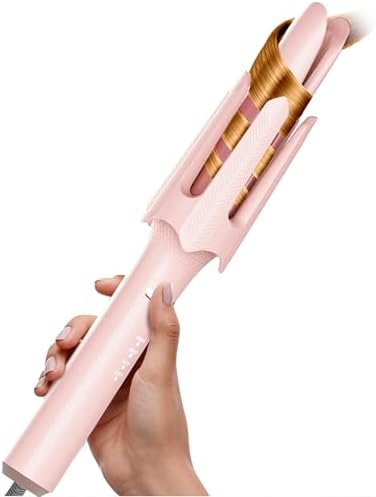 Auto Rotating Hair Curler - 4 Temperature and Timer Settings, Automatic Curling Iron with Automatic Shut-Off, Anti-Tangle and Scalding, Curling Wand for Long Lasting Curls (Pink)