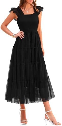 PRETTYGARDEN Women's Summer Tulle Midi Dress Sleeveless Smocked Ruffle Flowy Mesh Dresses Party Wedding Guest Sundress