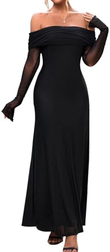 KUTUMAI Women Off Shoulder Bodycon Maxi Dress Long Sleeve Mesh Ruched Party Formal Wedding Guest Dresses