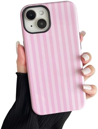 Compatible with iPhone 15 Case, Cute Fashion Aesthetic Striped Pattern Cover for Women, Shockproof Soft TPU and Hard PC Protective Phone Case for iPhone 15 6.1"- Pink