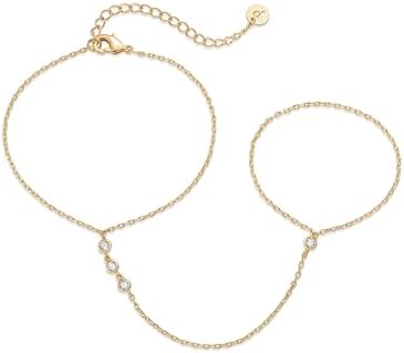 PAVOI 14K Gold Plated Hand Chains for Women - Adjustable Hand Chain Bracelet and Ring - Trendy Gold Handchain Bracelet Stack Summer Jewelry - Beads, Pearl, and Cubic Zirconia Body Jewelry