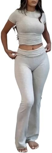 YETOWA Women's 2 Piece Lounge Outfits Slim Short Sleeve Tops Low Rise Flare Leggings Sets Yoga Sweatsuit