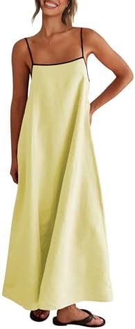 Shy Velvet Women's 2026 Summer Linen Maxi Dress Contrast Spaghetti Strap Dress Backless Casual Party Beach Dresses