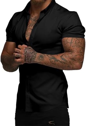 JMIERR Men's Muscle Fit Button Down Shirts Summer Casual Short Sleeve High Stretch Wrinkle-Free Shirt