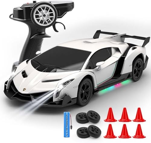 QUN XING Remote Control car 1:24 Officially Licensed Lambo veneno RC Drift Car with LED Lights 2.4GHz 4WD 15KM/H High Speed Rechargeable Battery Birthday Gift for Kids 8-12, White