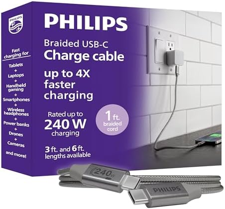 Philips 240W USB-C to USB-C Charging Cable, Laptop & Phone Cable for MacBook Pro & Air, Windows, iPhone 17 Series, Samsung Galaxy, Google Pixel, Drone, Camera, External SSD, 1 Ft, DLC3325BG/37