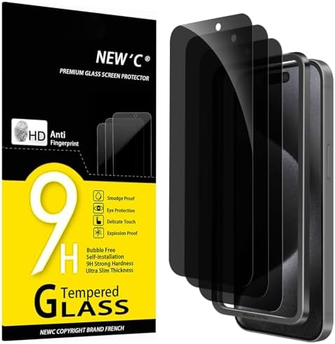 NEW'C 3 Pack Privacy for iPhone 15 Pro Screen Protector (6.1 inches), Anti-Spy Tempered Glass Film,Case Friendly Ultra Resistant,Balanced 28-Degree Privacy Angle - Easy installation tool included