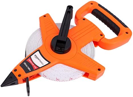 Amazon Basics Open Reel Fiberglass Measuring Tape, Versatile, Reliable, Shock-Absorbing Handle, Inch/Metric Scale, Impact Resistant Shell, 100-feet (30-Meters) by 1/2-Inch, Orange