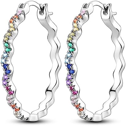 NARMO 925 Sterling Silver Hoop Earrings for Women Hypoallergenic Lightweight Simple Huggie Hoop Earrings Twisted Hoop Earrings Colorful Cubic Zirconia Hoop Earrings Rainbow Hoop Earrings