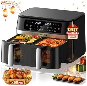 12QT Large Double Basket Air Fryer with 50PCS Paper Liners and Viewing Window, 12-in-1 Digital Touchscreen Dual Zone Air Fryers for Easy Meal, SyncCook to Roast,Reheat,Broil, Dishwasher Safe
