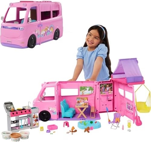 Barbie Dream Camper Playset with Roof Tent, Swing Chair, Fishing Pond, BBQ Grill with Color-Change Feature & 60+ Accessories Including Dough