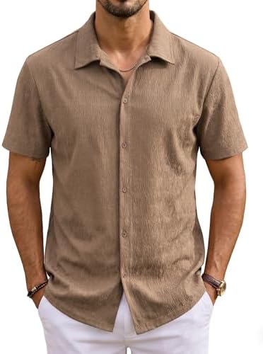 URRU Mens Short Sleeve Button Down Shirts Casual Stretch Wrinke Free Dress Shirts Untucked Textured Summer Beach Shirt