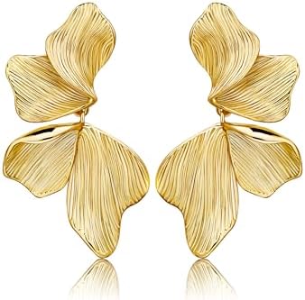 Gold Statement Earrings For Women 18K Gold Plated Sectored Flower Leaf Shell Angel Wing Earring Large Stud Earrings Hypoallergenic Stud