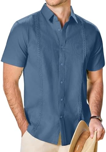JEMLDL Men's Cuban Guayabera Short Sleeve Shirt Button Down Linen Cotton Casual Summer Beach Shirts