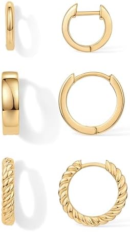 PAVOI Gold Hoop Earrings for Women - 14K-18K Yellow Gold Plated 925 Sterling Silver - Hypoallergenic 3-Pair Small Hoop Earings Set with Cubic Zirconia - Rope Teardrop & Chunky Huggie Styles Earscape P