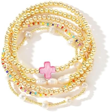 14K Gold Pearl Beaded Cross Bracelets Stack Set for Women,Stretch Boho Colorful Christian Beads Ball Jewelry Trendy Gift