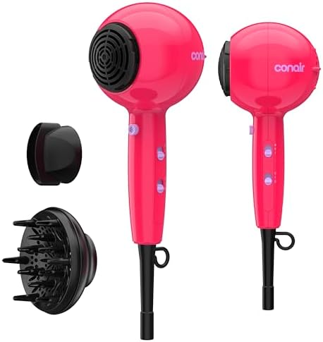 Conair Cake Pop Hair Dryer with Diffuser & Concentrator Attachments, Blow Dryer, Hair Dryers for Women, Tourmaline Ceramic Technology, 3 Heat/2 Speed Settings, Compact Hair Dryer w/Concentrator, Pink