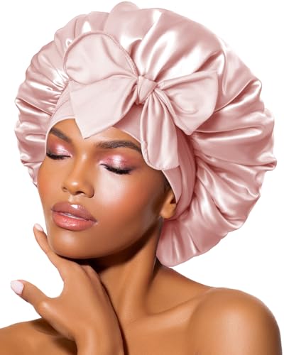 BONNET QUEEN Silk Bonnet for Sleeping Women Satin Bonnet Night Sleep Cap Wrap for Curly Hair with Adjustable Tie Band, Cream Pink