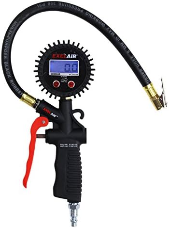 EXELAIR Digital Pistol Grip Tire Inflator Gauge EX0500D, Easy Clip Air Chuck, Easy to Read 0.1 Display, Pistol Grip Handle, 100 PSI Max Pressure, 16" Air Hose, 1/4" NPT (PSI, kPa, Bar, and kg/cm2)