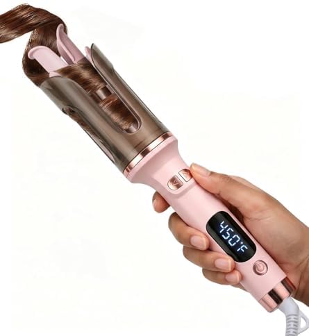 Automatic Curling Iron, 1 Inch Rotating Ceramic Hair Curler with Anti-Scald & Anti-Tangle Tech, 4 Temp Settings Fast Heat Auto Hair Wand for Long & Medium Hair, Pink
