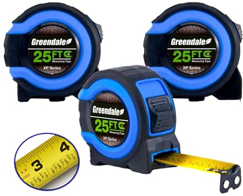 Greendale – 3 Pack Tape Measures 25 ft – Easy-Read Fractions, Magnetic Tip, Quick-Lock & Auto-Retract – Heavy-Duty Measuring Tape with Belt Clip – Blue
