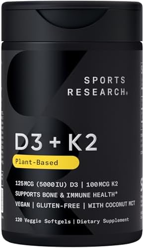 Sports Research Vitamin D3 with K2 Softgels - Plant Based K2 & Vegan D3 5000iu with Coconut MCT Oil - Vegan Certified, Soy & Gluten Free - 120 Count