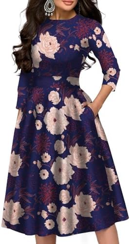 Simple Flavor Women's Floral Vintage Dress Elegant Midi Evening Dress 3/4 Sleeves