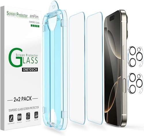 amFilm Auto-Alignment OneTouch for iPhone 16 Pro [6.3''] Screen Protector + Camera Lens Protector, Tempered Glass, 30 seconds Installation, Bubble Free, Case Friendly, Anti-Scratch [2+2 Pack]