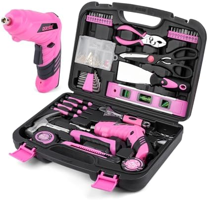 143 Pcs Pink Homeowner Tool Set with 3.6V Cordless Screwdriver General Household Hand Tool Kit with Plastic Tool box Storage Case for Women,Men