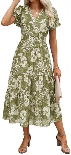 Summer Dresses Midi Dress V Neck Puffy Short Sleeve Flowy Casual Vacation Beach Sundresses 2026 with Pockets