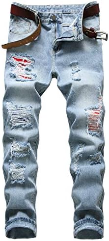 Men Ripped Jeans, Slim Fit Straight Leg, Denim Pants with Holes