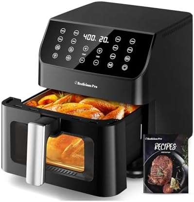 Beelicious 5.8QT Large Air Fryer, 12-in-1 Digital Airfryer with View Window Air Fryers, 40+ Recipes, Flavor-Lock Tech, Dishwasher Safe,Shake Reminder, Compact, Quiet, Nonstick. Black