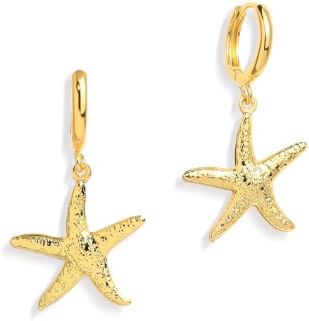 Gold Starfish Mermaid Tail Dangle Drop Earrings for Women, Trendy Cute Pearl Fish Tail Shell Textured Hoop Dangling Earing Summer sea Beach Jewelry Gift.
