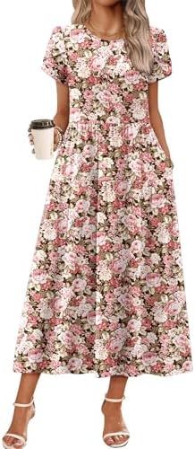 Zeagoo Summer Dresses for Women 2026 Maxi Bohemian Floral Short Sleeve Long Dress Casual Flowy Tired Beach Sundress