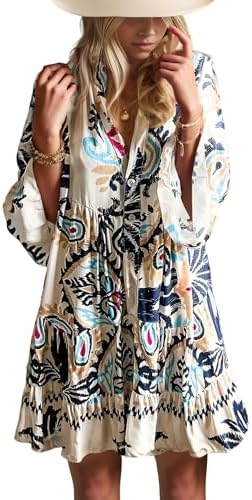 Opemiby Summer Dresses for Women 2026 Flowy Ruffle 3/4 Sleeve V Neck Tiered Casual Babydoll Boho Beach Mini Dress