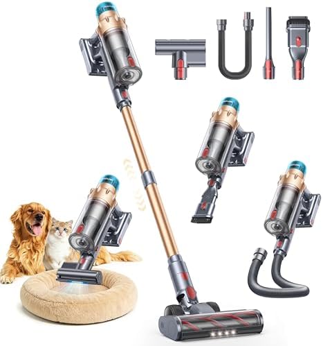 Cordless Vacuum Cleaner, 55KPA 650W 70Mins Stick Vacuum Cleaners for Home with Motorized Bed Brush, Flexible Hose, LED Touchscreen, Auto Mode, Self-Standing & Wall Mount, for Pet Hair Carpet Floor