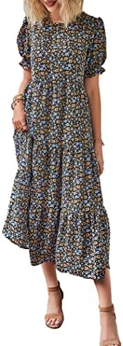 PRETTYGARDEN Summer Dresses for Women 2026 Casual Floral Boho Midi Sun Dress Puff Short Sleeve Flowy Beach Vacation Sundress
