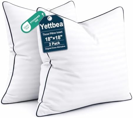 Yettbea 18x18 Inches Pillow Inserts Set of 2- Premium Soft Down Alternative Fill, Decorative Throw Pillows for Couch, Bed & Sofa, Supportive White Striped Bedroom Pillow Forms