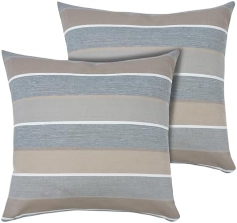 FUNHOME Outdoor Indoor Throw Pillows 18”x18”, Set of 2 Decorative Throw Pillows with Inserts, All Weather Water-Repellent Square Pillows for Bed, Couch, Sofa and Patio Furniture-Grey Stripe