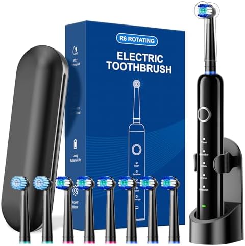 Rotating Electric Toothbrush for Adults, Rechargeable Power Toothbrush with 5 Cleaning Modes, 2-Minute Smart Timer, 8 Brush Heads (2 Types), Travel Case, Black