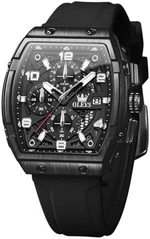OLEVS Men Black Watch Big Face Dress Casual Original Waterproof Watch for Men Chronograph Silicon Band Men Wrist Analog Watch Unique Bussiness Adjustable Quartz Nice Watch Men Relojes para Hombres