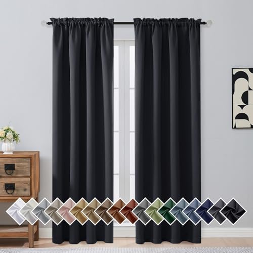 OVZME Black Blackout Curtains for Bedroom 84 Inch Length 2 Panels Set, Soft Fabric Room Darkening Curtains for Living Room, Dual Rod Pocket Design Modern Window Treatment Drapes, 2x40Wx84L Inches