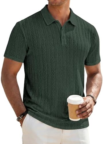 JMIERR Men's Textured Knit Polo Shirt Summer Short Sleeve Vacation Button Beach Knit Stretchy Golf Shirts