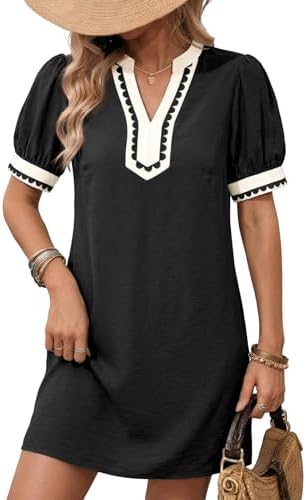 Dokotoo Summer Dresses for Women 2026 Boho Floral Puff Short Sleeve V Neck Trim Casual Mini Dress Sundress